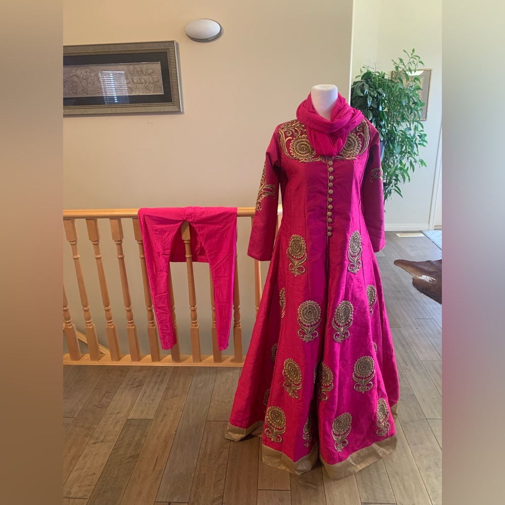 Pink Embroidered Anarkali Dress/Jacket with Scarf & Pants